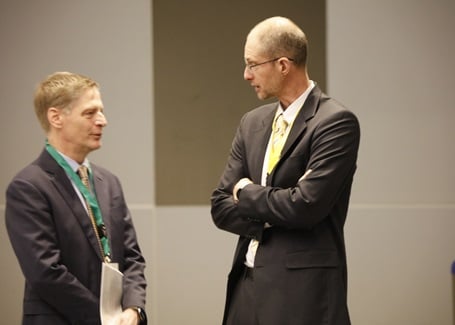 Photo: Lou Von Thaer and Matt Vaughn talking at the battelle conference on innovations in climate resilience