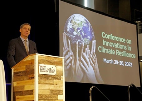 Photo: Lou Von Thaer presenting during the opening session of the battelle conference on innovations in climate resilience