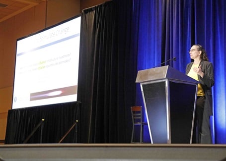 Photo: patricia hoffman presenting her keynote at the battelle conference on innovations in climate resilience